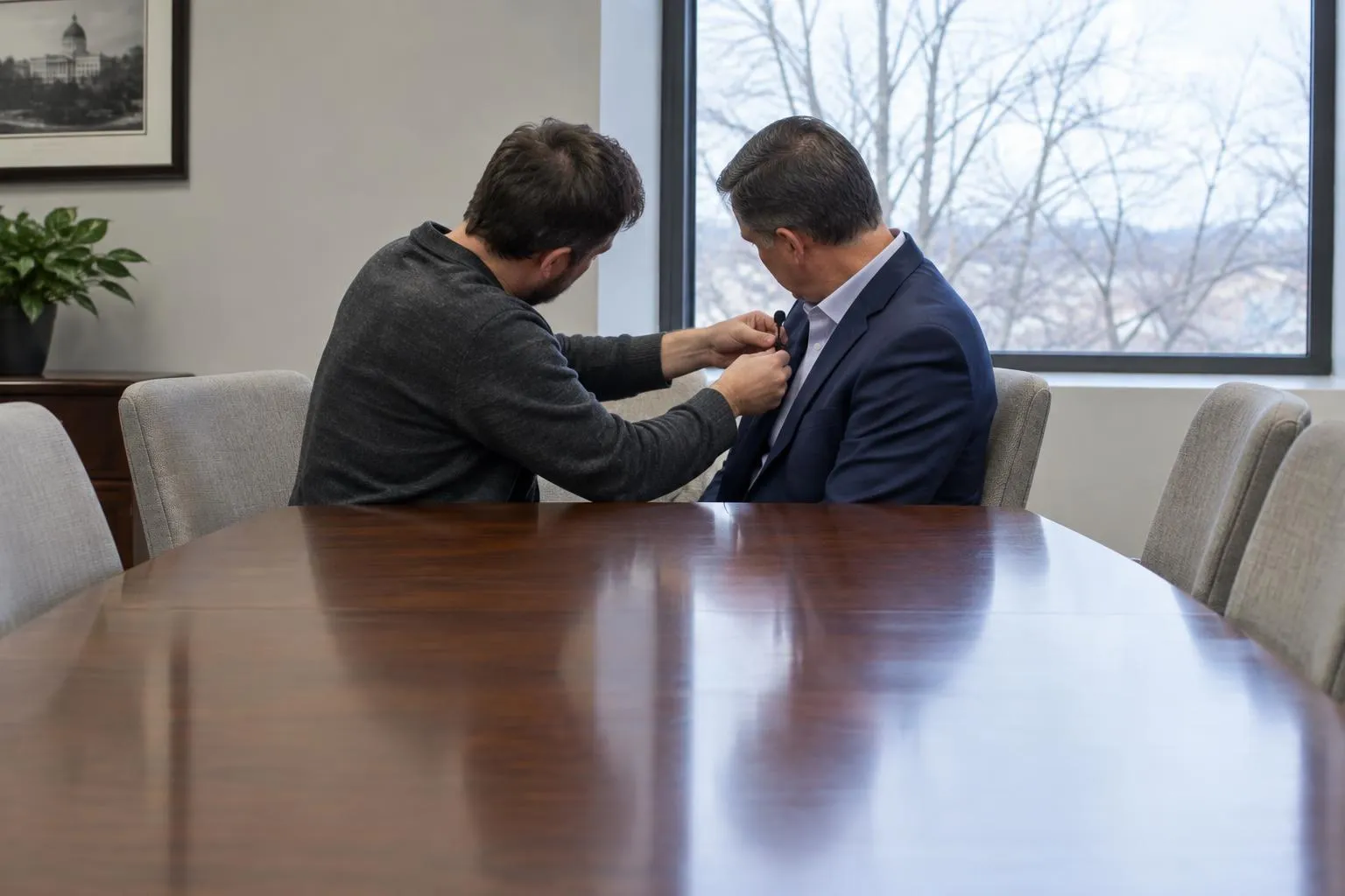 A deposition videographer clips a lavalier microphone to a seated deponent’s lapel in a winter-lit conference room.