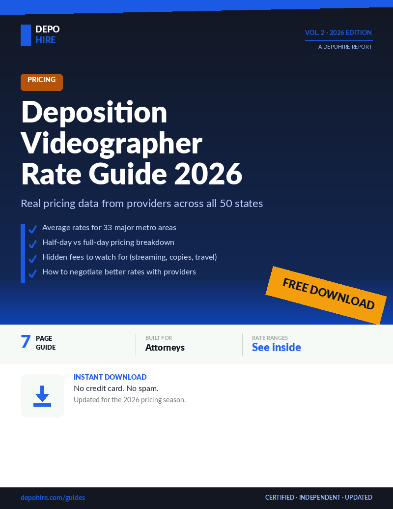 Deposition Videographer Rate Guide 2026 — 7 page free guide cover